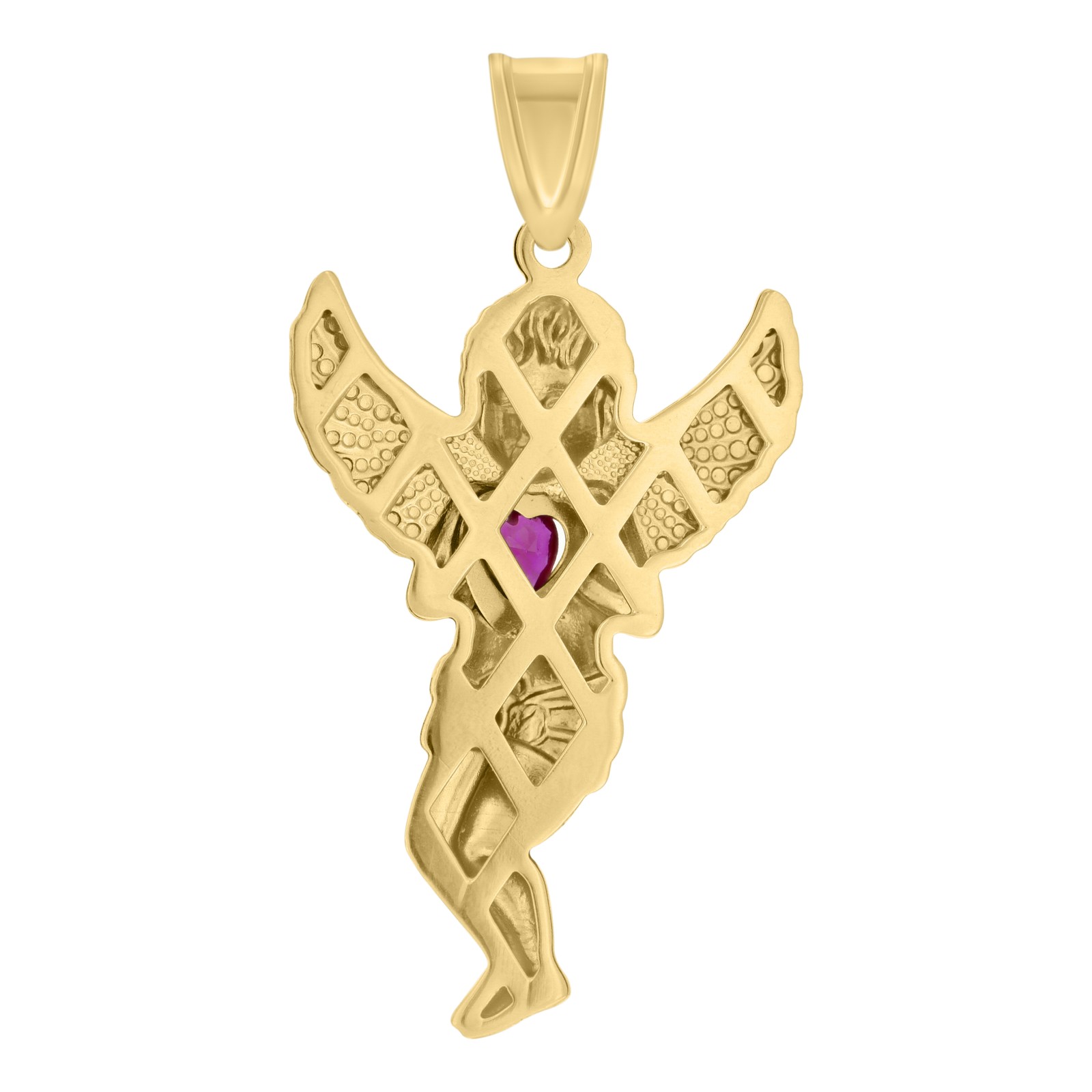 10K Two Tone Gold Red CZ Unisex 2″ Diamond Cut Charm Angel Holding Heart Pendant
