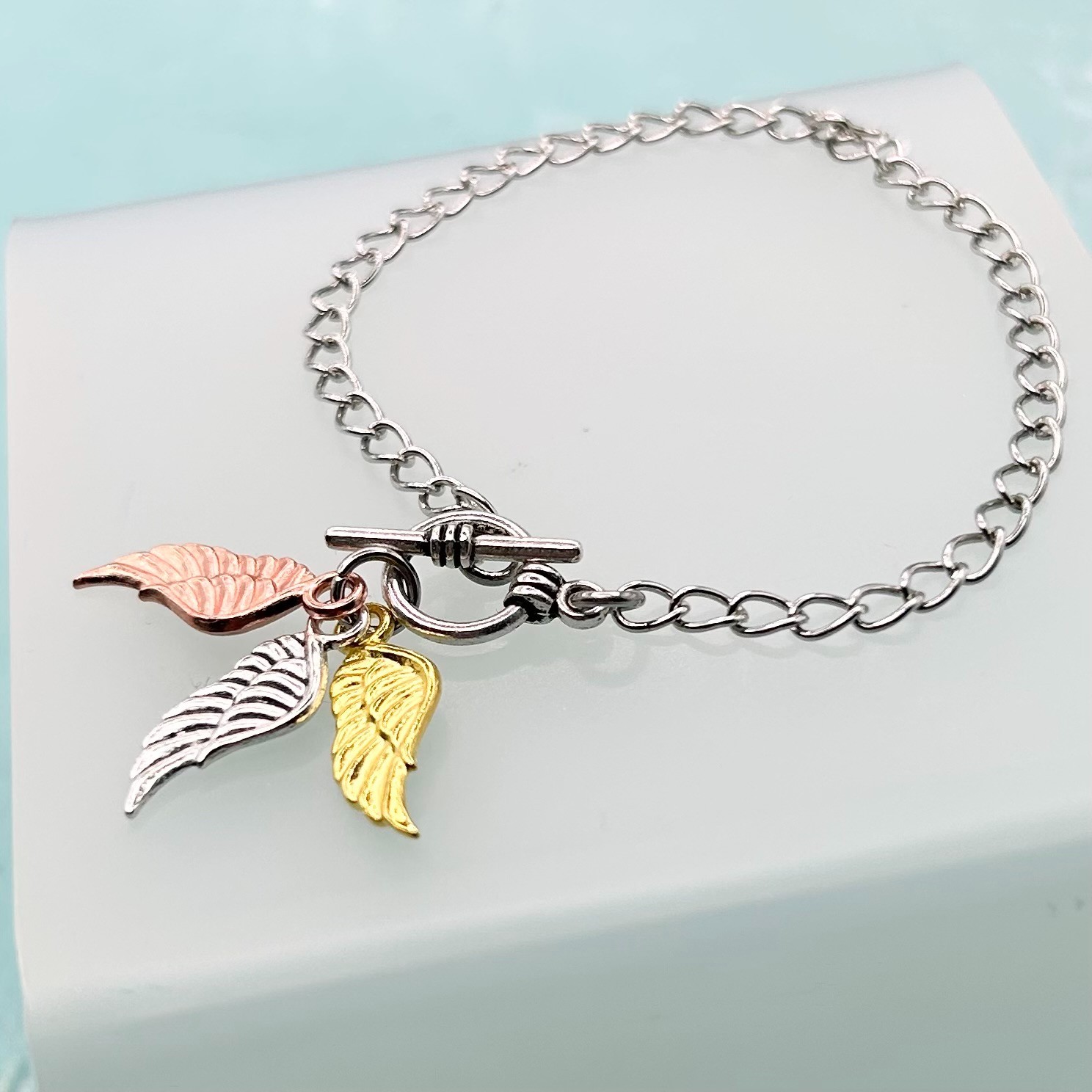 Mini Angel Wing Triple Pendant T-Bar Bracelet (Silver Chain) New Handmade