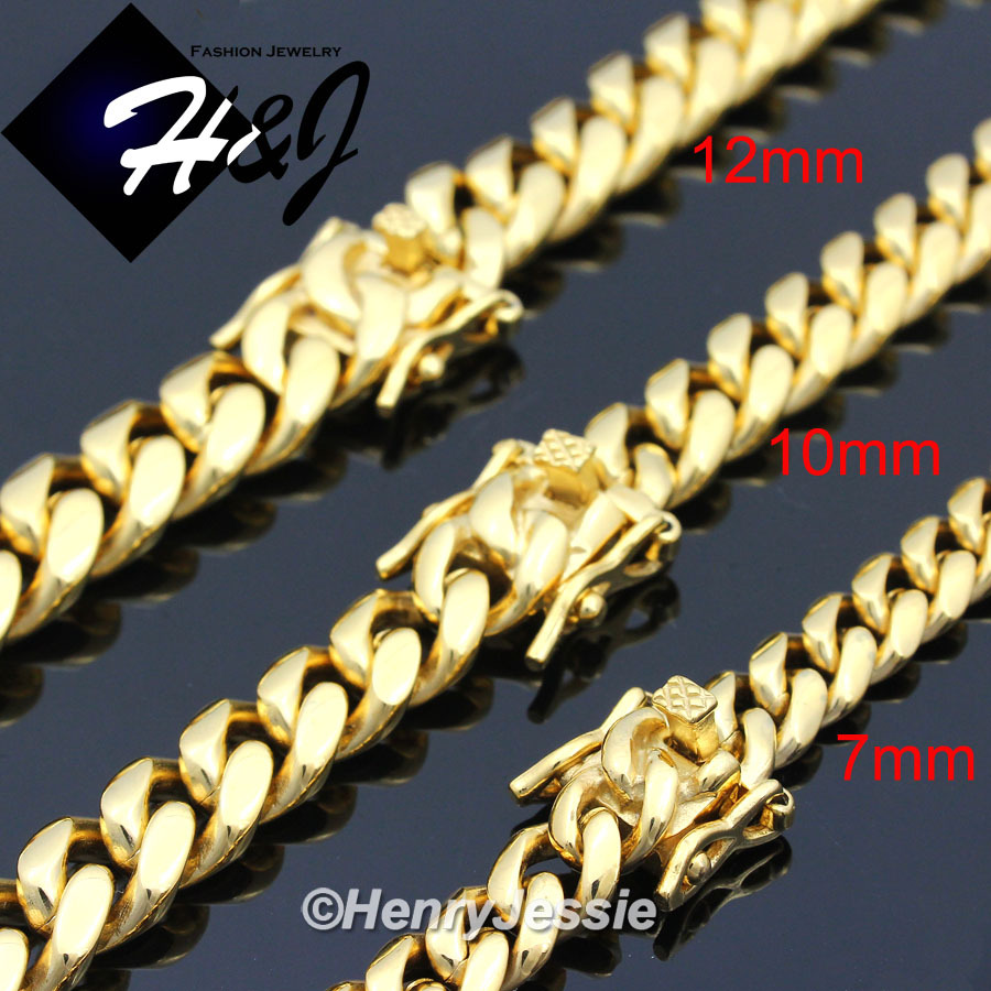 18-40″MEN Stainless Steel 7/10/12/14mm Gold Plated Miami Cuban Curb Necklace*154