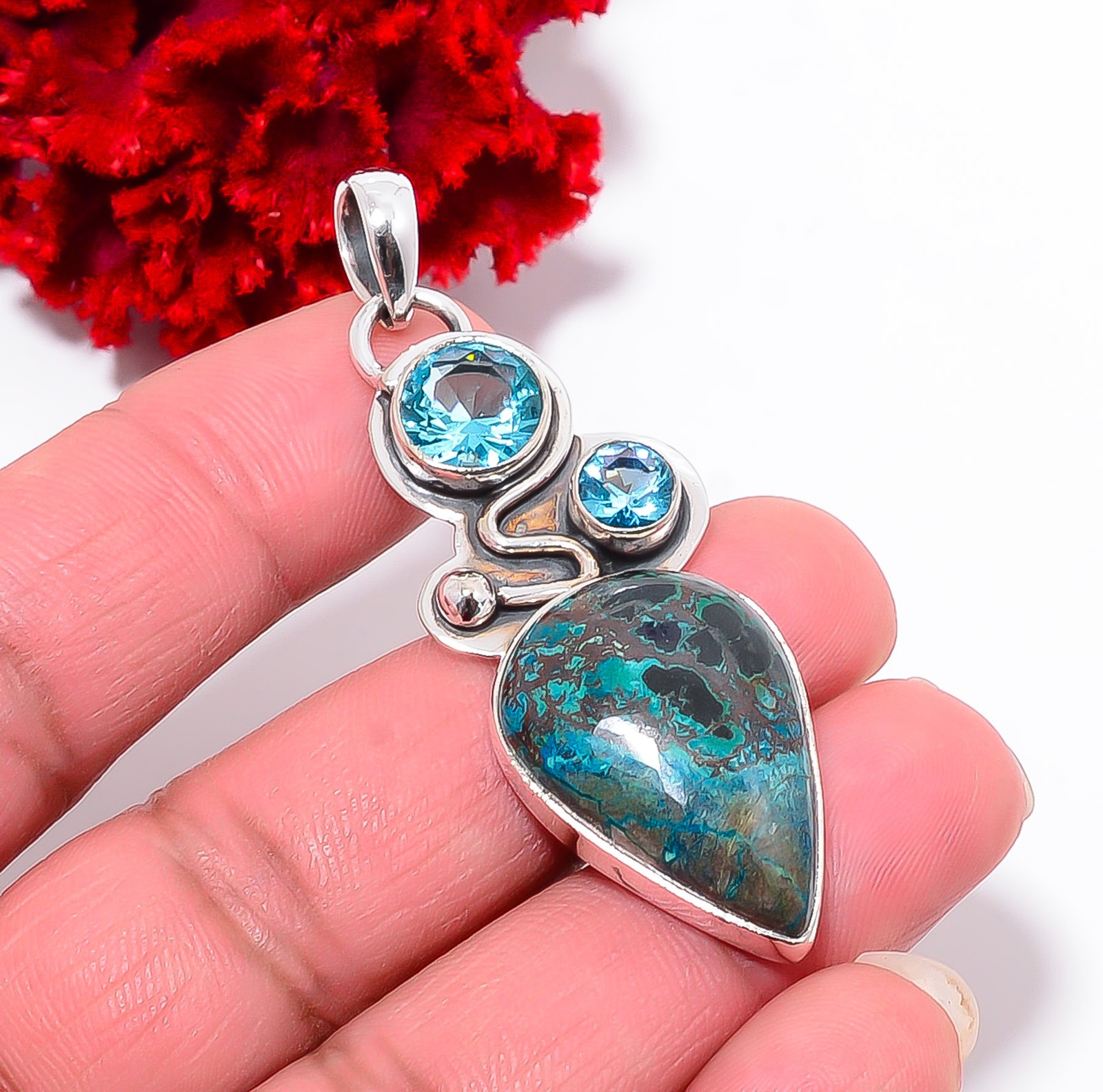 Chrysocolla – Madagascar & Blue Topaz 925 Sterling Silver Pendant 2.26″ P94318