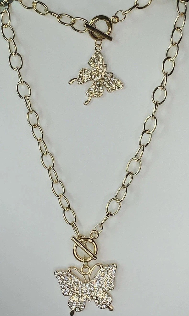 New-2 pc Set!! 18in CZ Pave Butterfly Charm Necklace & Bracelet/Anklet 7.5in-9in