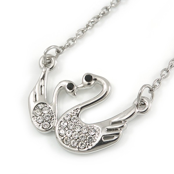 Delicate Crystal Double Swan Pendant With Silver Tone Chain – 42cm L/ 5cm Ext