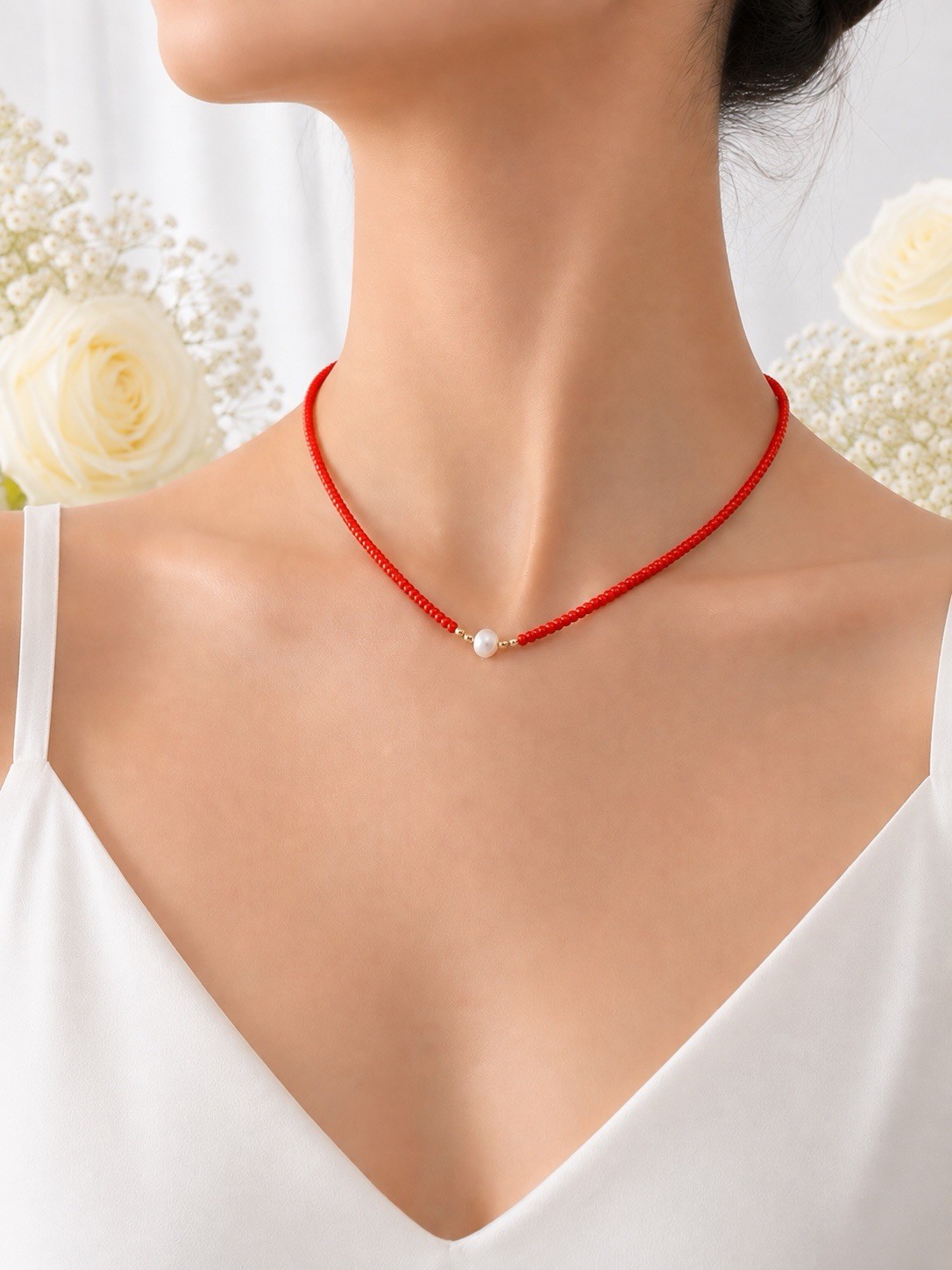 Beaded Choker Necklace with Pearl Charm – White Blue Red Black – Women’s Jewelry