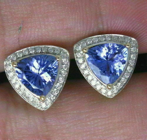 2.30Ct Trillion Cut Simulated Tanzanite14k Yellow Gold Plated Halo Stud Earrings