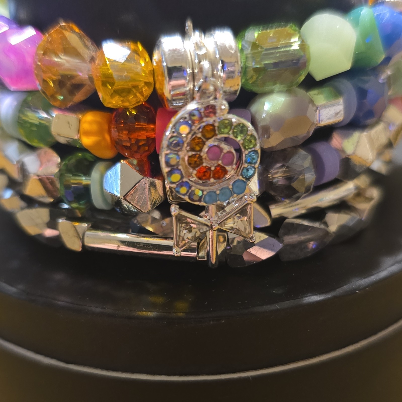 RETRO- Ring Bomb Party Holiday Stack Charm Bracelet Silver Plated Dyed Agate