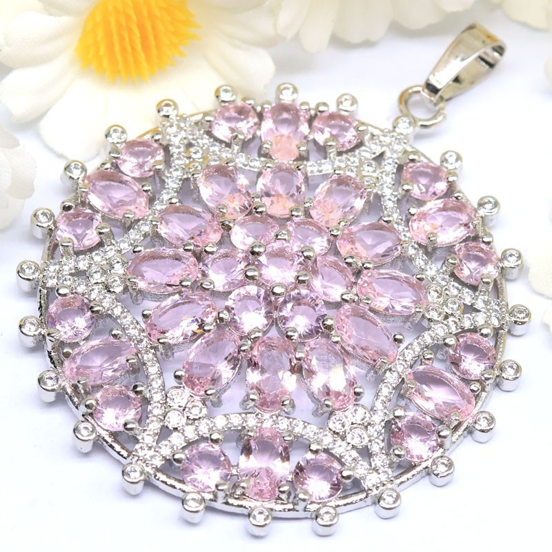 Eye Catching Big Size 13g Created Pink Kunzite CZ Women Dating Silver Pendant