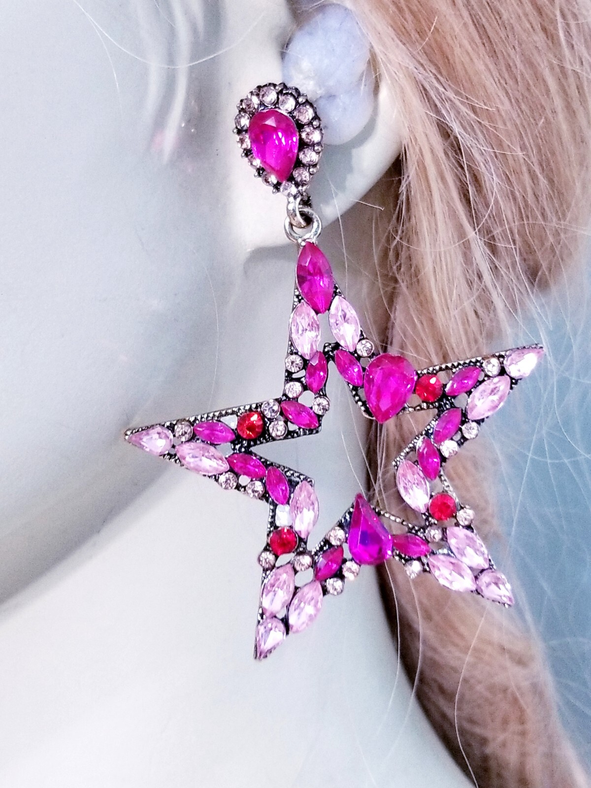Chandelier Rhinestone Crystal Pageant Bridal Earrings Pink Drop Dangle 3.2 inch