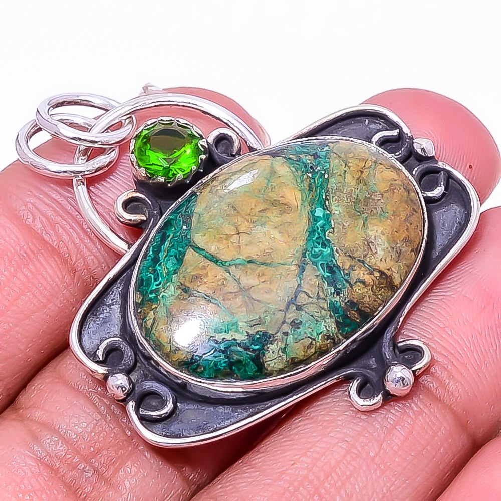 Boulder Azurite Malachite – Bisbee Mines 925 Sterling Silver Pendant 1.68″ P39
