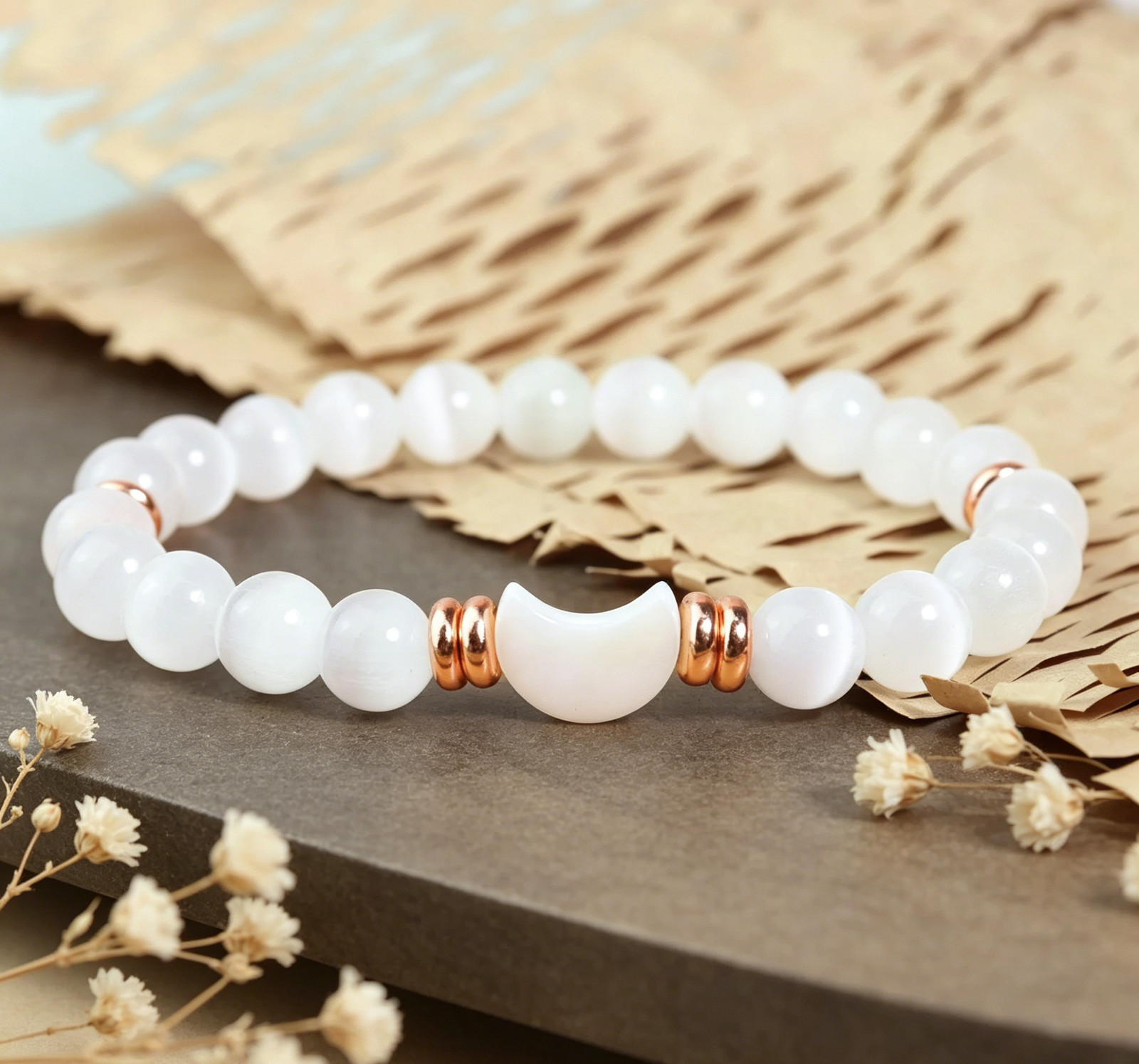 Selenite & MOP Moon Stretch Bracelet | Cleansing Energy Spiritual Jewelry Gift