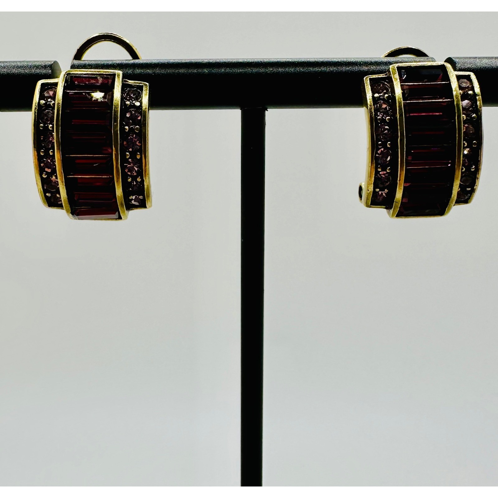 Heidi Daus Bronzetone Baguette Amethyst Crystal Art Deco Omega Hoop Earrings