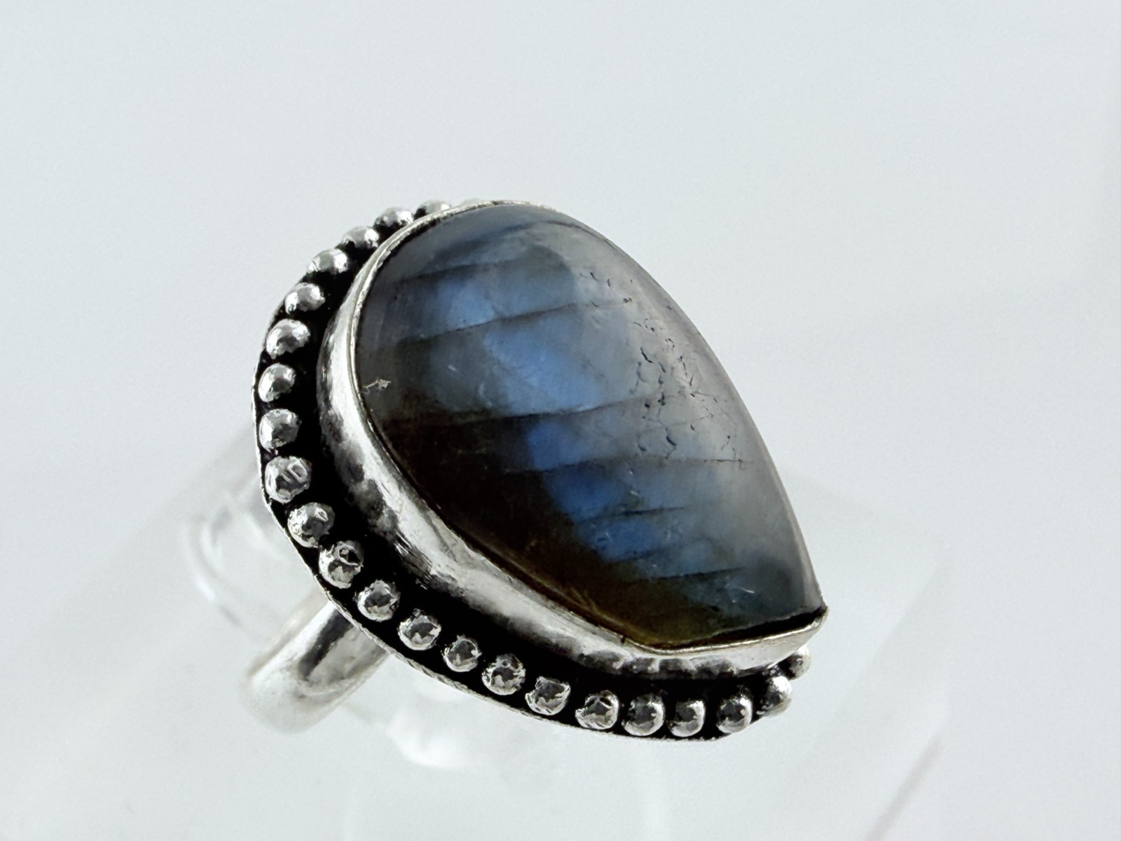 Silver Plated Metal Labradorite Pointed Cabochon Ring Size 6.25 5.5 Grams Weight