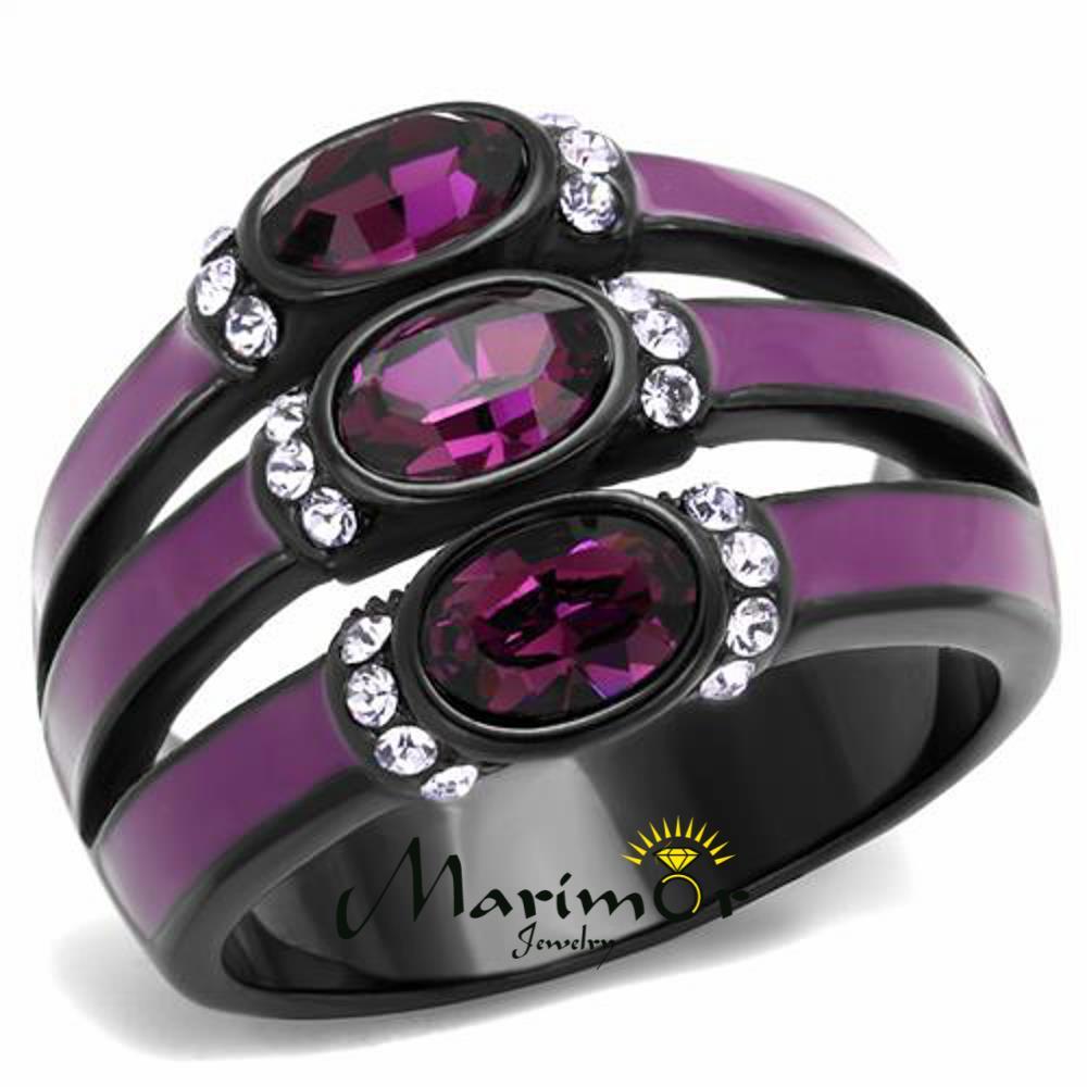 Black & Purple Stainless Steel Amethyst Crystal Fashion Ring Women’s Size 5-10