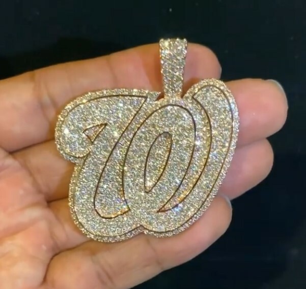 mens Custom Any Initial W Letter Cursive Pendant 3.75ct Simulated Diamond Silver
