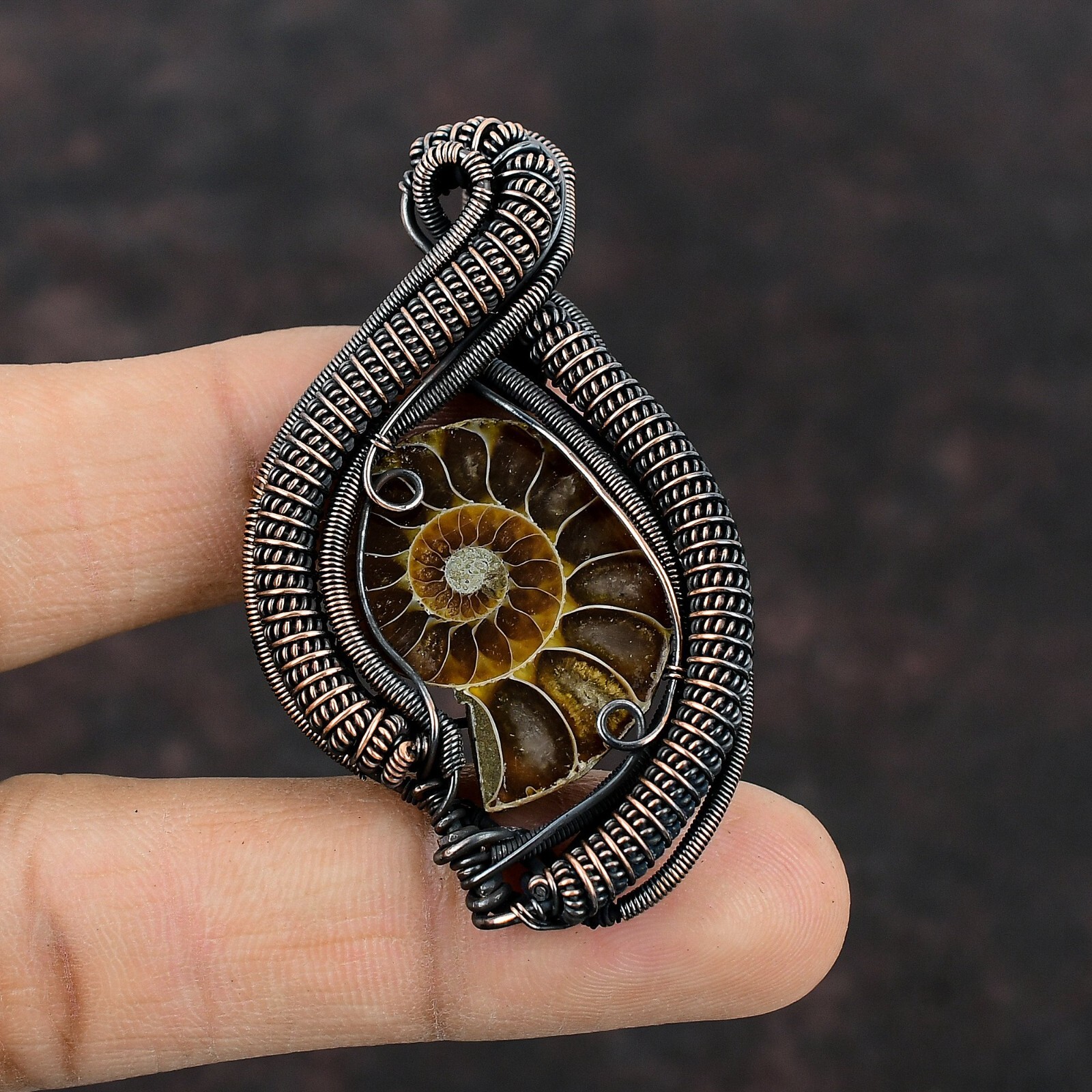 Ammonite Fossil Jewelry Copper Gift For Bridesmaid Wire Wrapped Pendant 2.36″