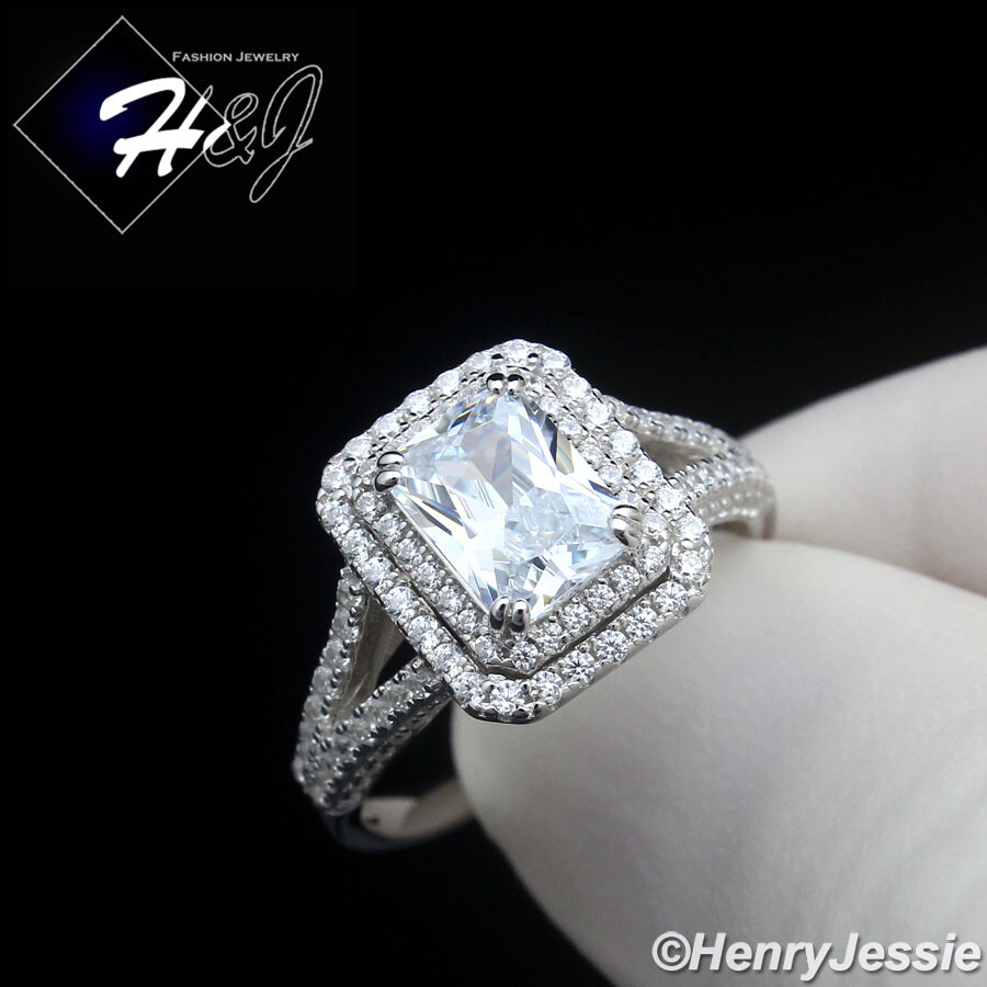 WOMEN SOLID 925 STERLING SILVER ICY BLING CZ RADIANT CUT ENGAGEMENT RING*SR218
