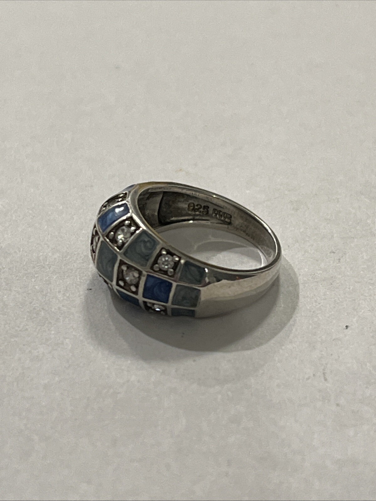 Sterling silver ring enamel glass stones Checkerboard Dome size 6 Ladies