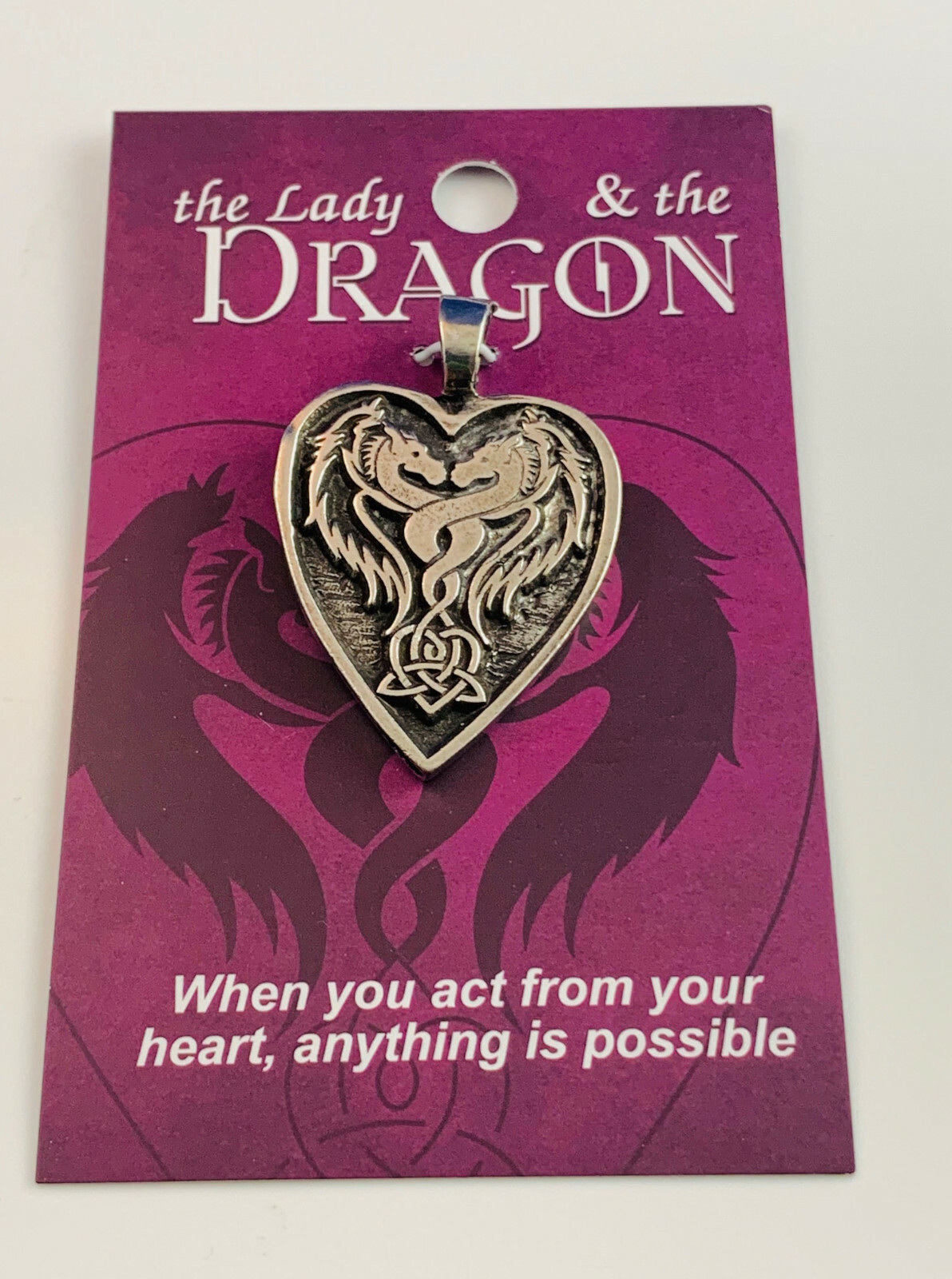 Dragon Heart Pendant Fine Pewter Inscription on Reverse Side, Handmade in USA