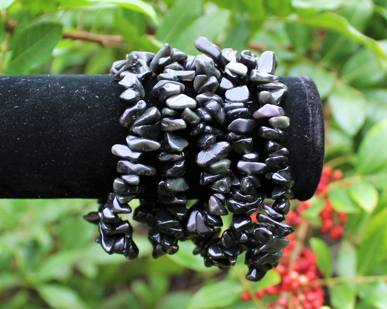 Black Obsidian Chip Bracelet, Stretch: Raw Natural Crystal Healing US SELLER
