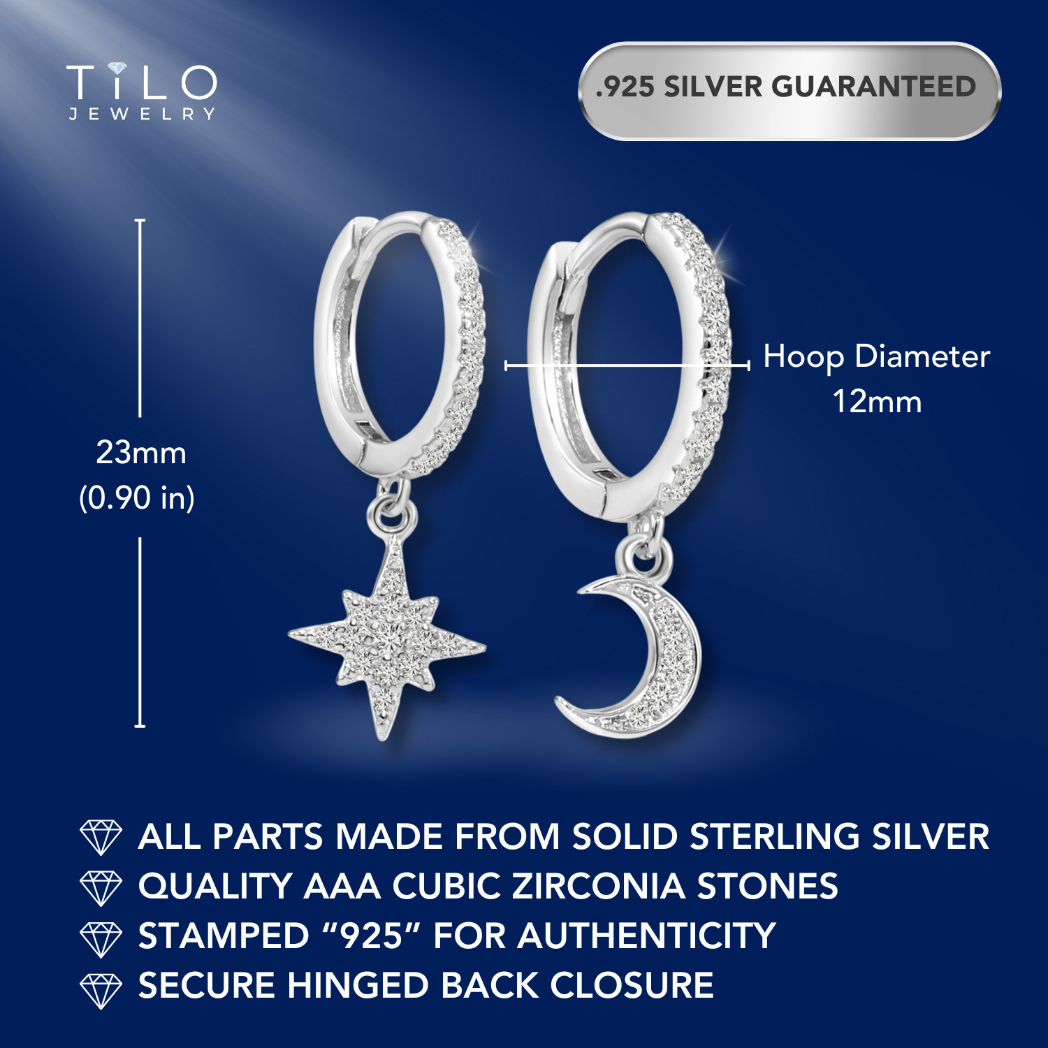 925 Sterling Silver Star & Crescent Pave Charm Dangle Drop Huggie Hoop Earrings