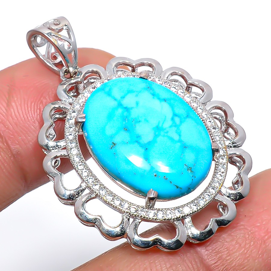 Magnesite Turquoise & Cz 925 Silver Plated Pendant Jewelry 1.6″ T65
