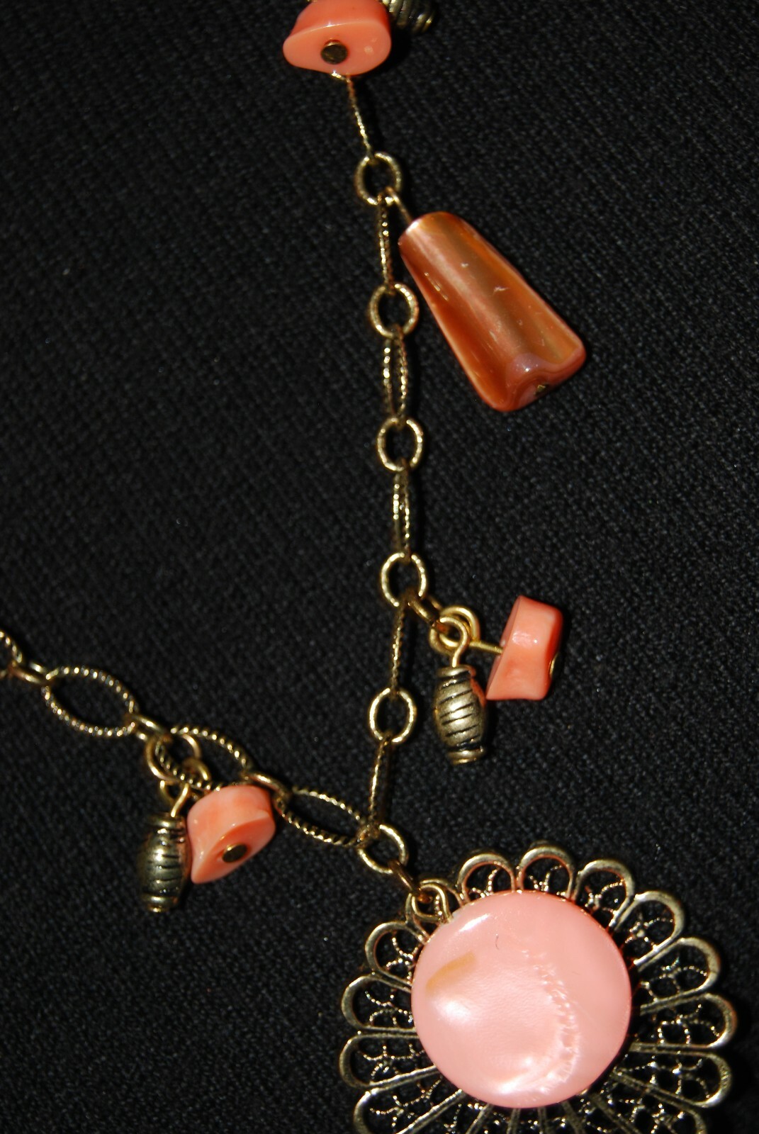 Gold Toned Metal Chain With Peach Color Stones & Charms Statement Long Necklace