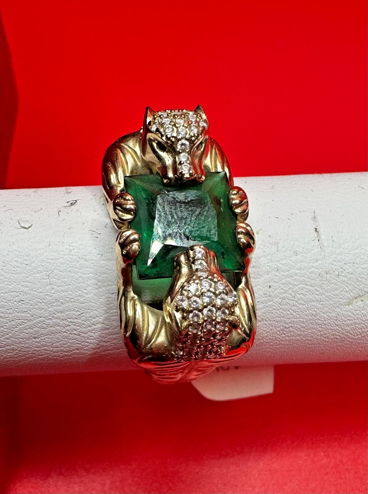 10K Double Panther Head Ring With Green Topaz Stone