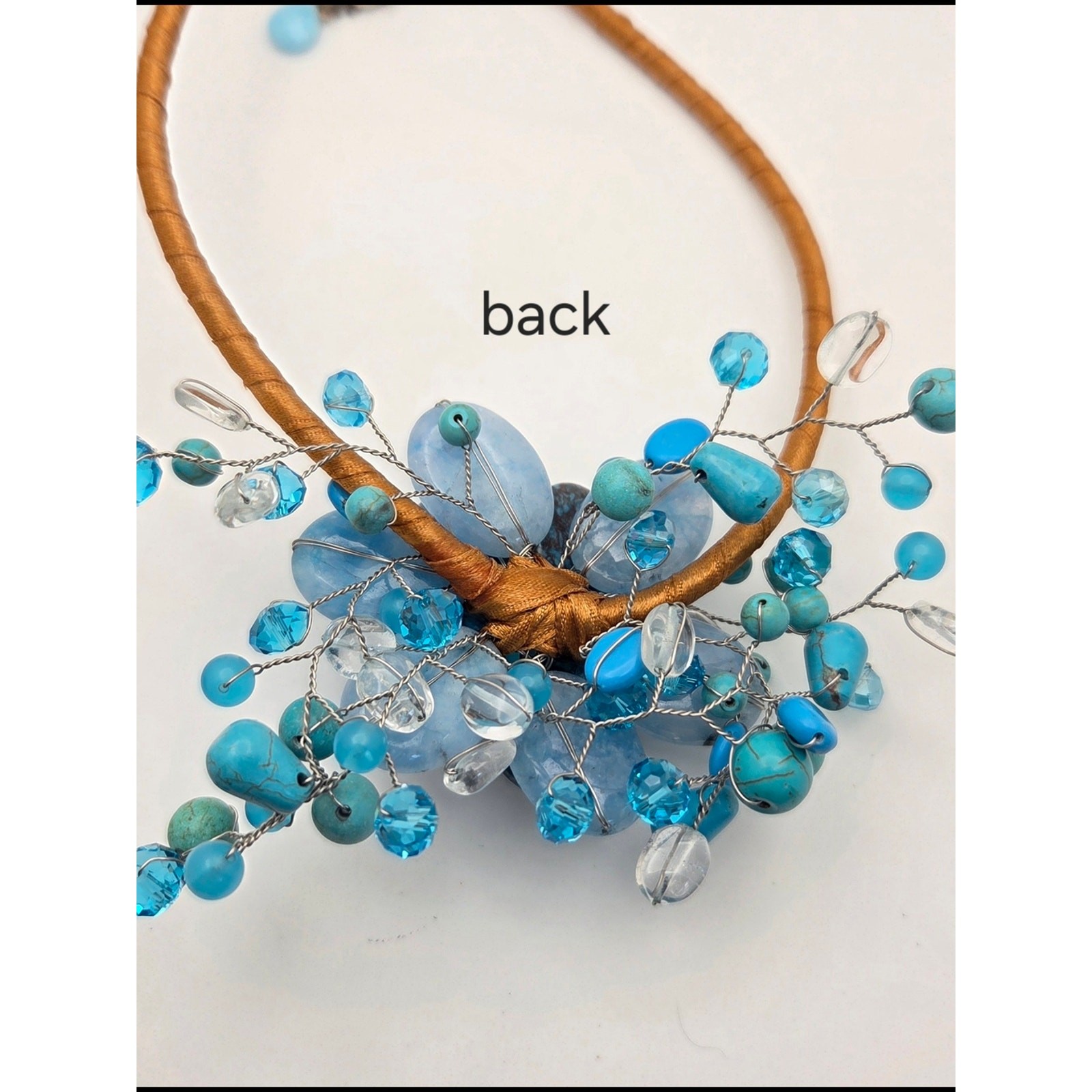 Chunky Blue Stone & Glass Statement Necklace Boho Wire Wrapped 18″