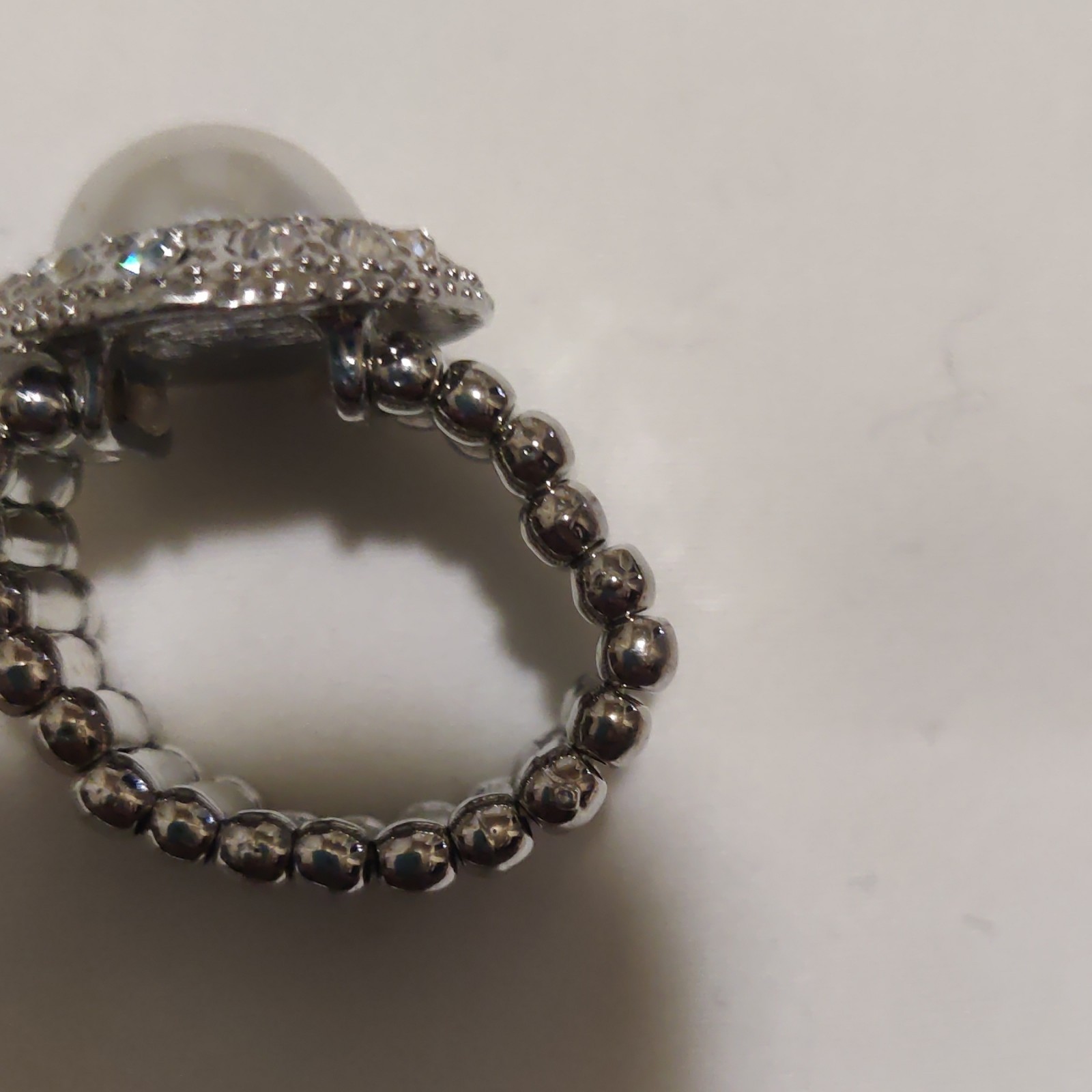 Silver Tone Halo Cocktail Ring Simulated Imitation Pearl Crystal Stretch Size 9