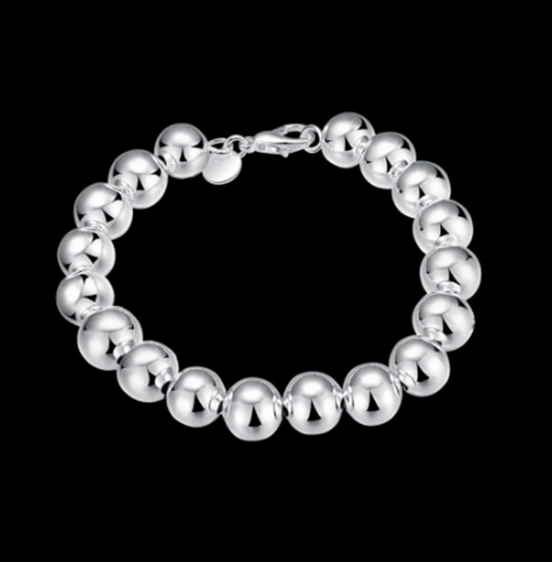 Womens 925 Sterling Silver 10mm Beads Ball String Chain Fashion Bracelet #B293