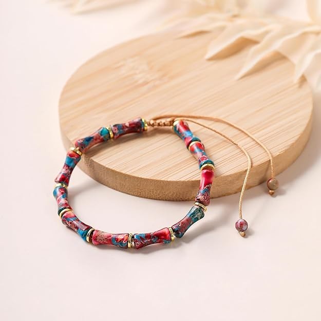 Sea Sediment Jasper Bamboo Shaped Blue Red Beads Woven Healing Gemstone Bracelet