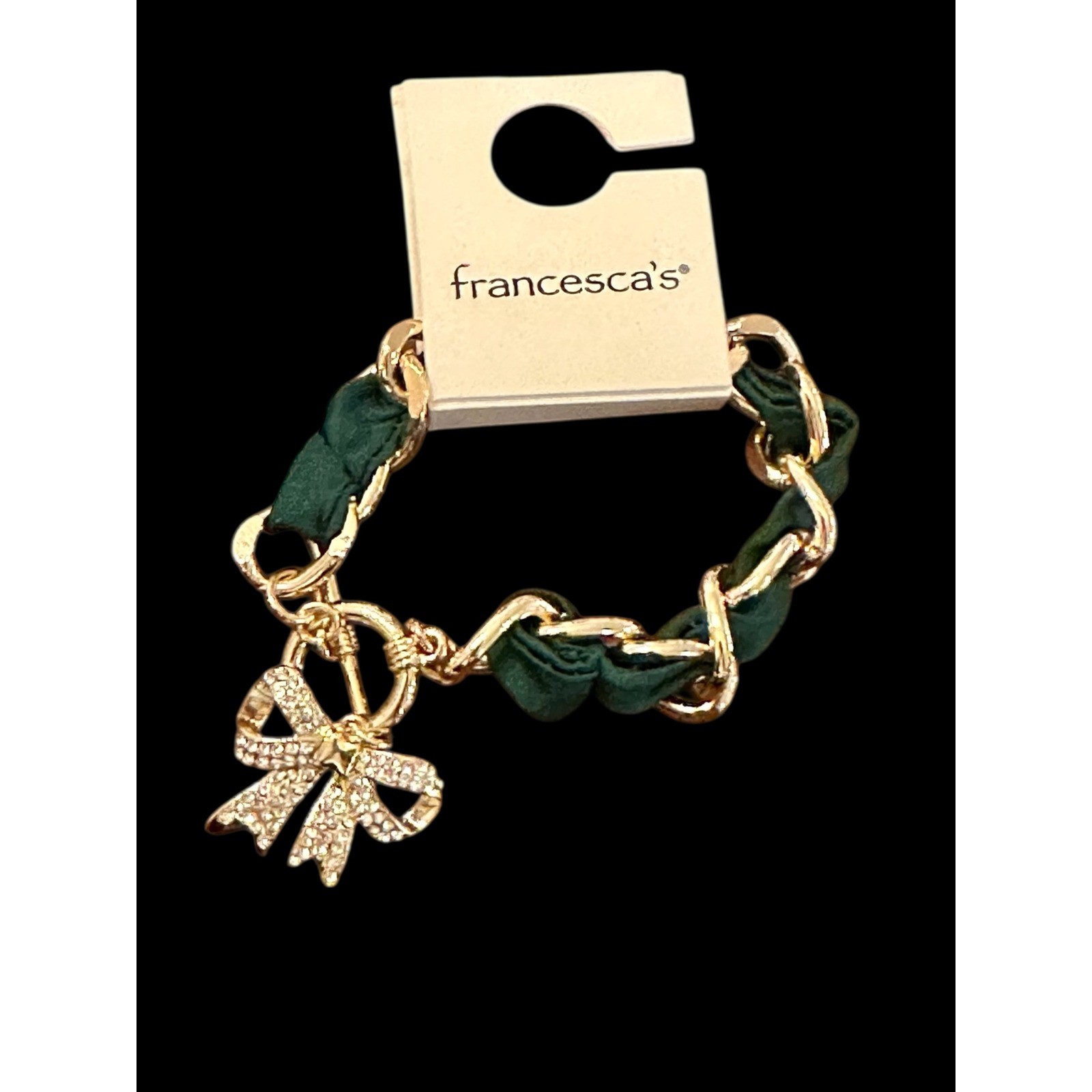 Francesca’s Gold Tone Emerald Green Fabric Woven Chain Rhinestone Bow Bracelet