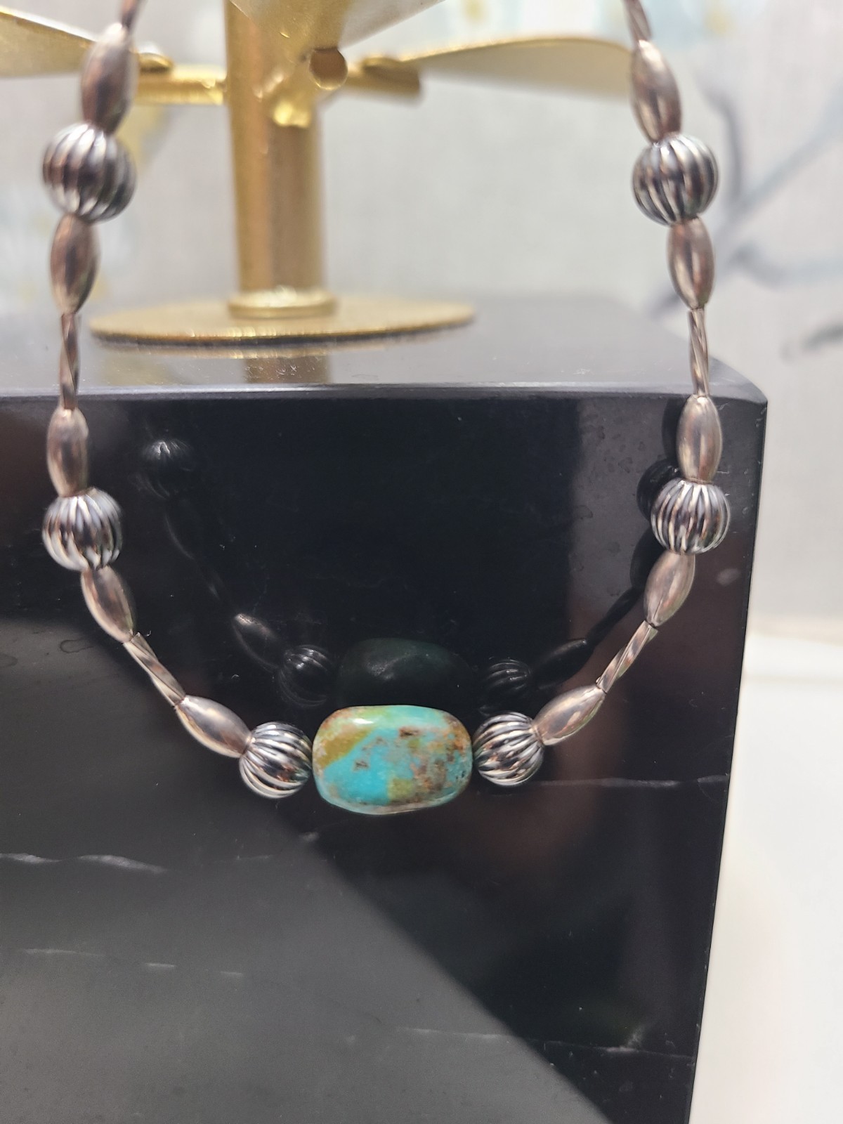 Native Made Turquoise Blue Oval Center Stone Sterling Silver 7″ Beaded Bracelet