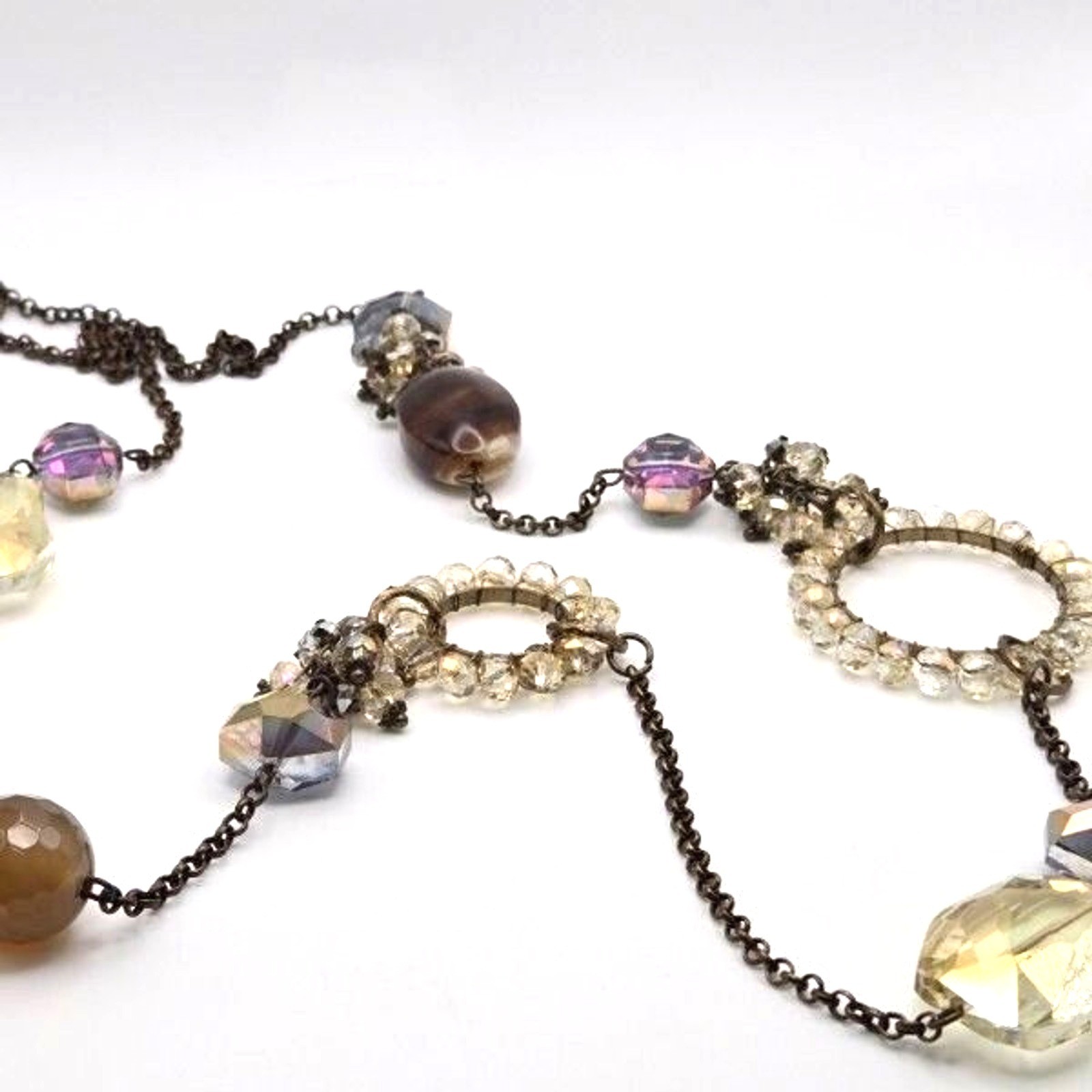 Long Bronzetone Necklace with Smoky and Purple AB Glass Beads