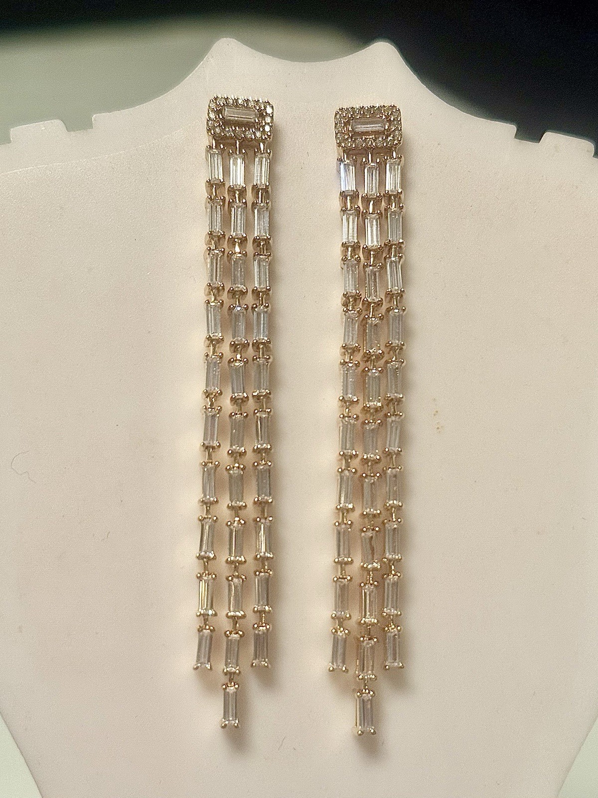 JCM 925SS/GOLD VERMEIL~ BAGUETTE CUBIC ZIRCONIA 2.75” DROP DANGLE EARRINGS NIB*