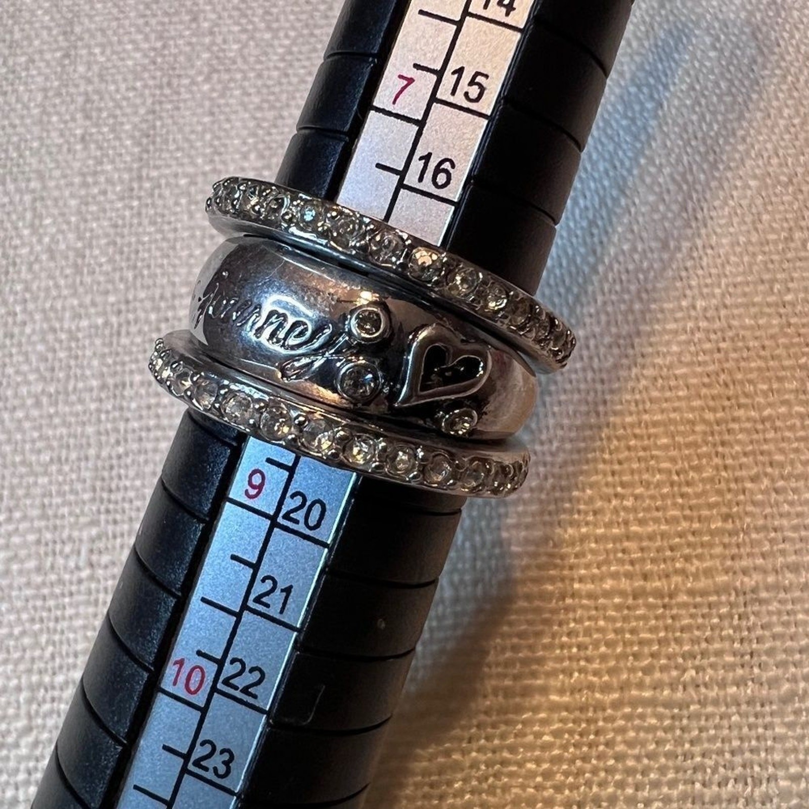 Rings Set of three stackable silver plated with engraved message Sz 8 1/2
