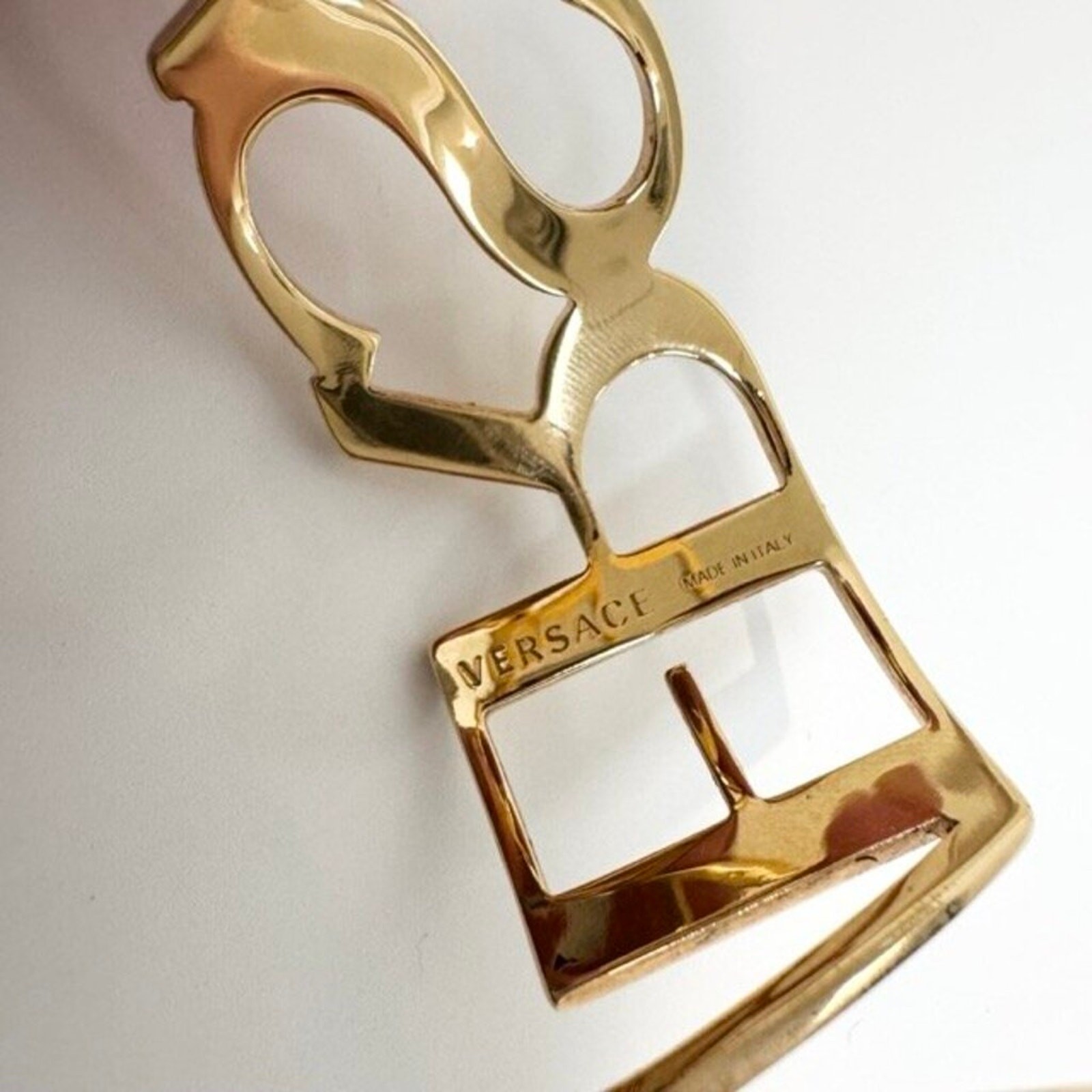 VERSACE Logo Text Cuff Gold-tone Brass Bracelet M Cut Out Large Bangle