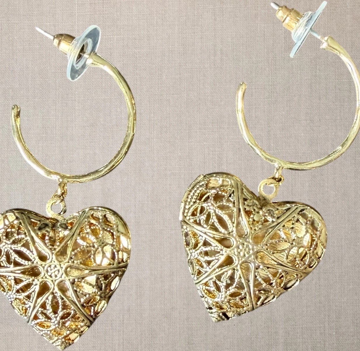 Gold Tone Heart Locket Hoop Earrings Filigree Dangle Romantic Statement