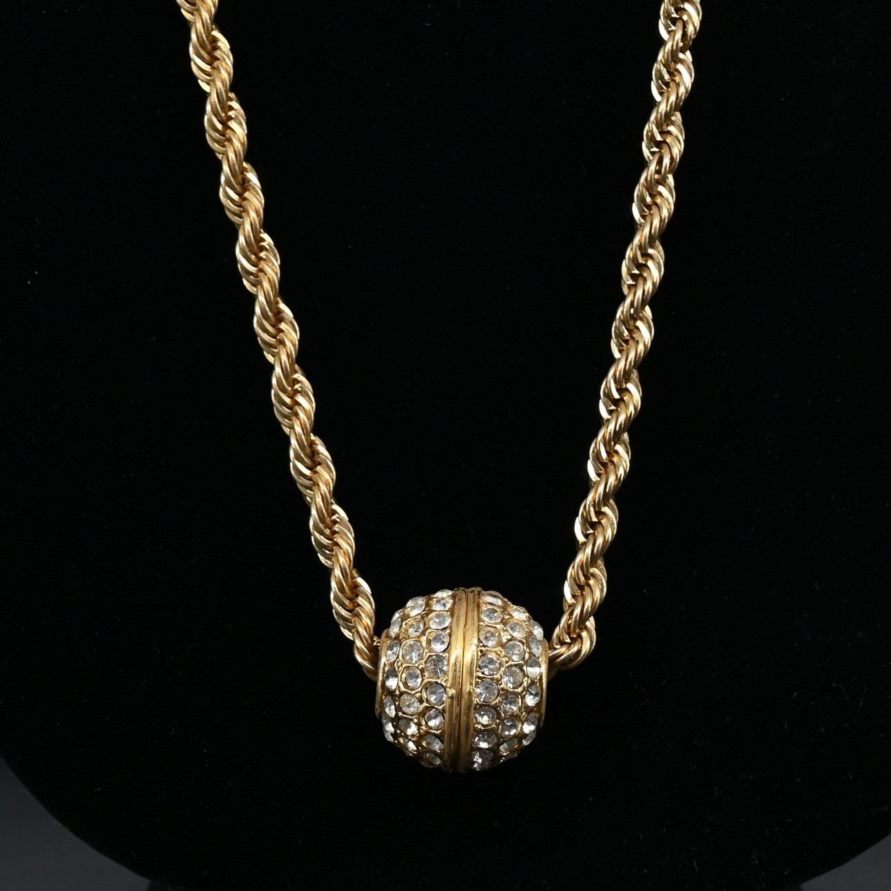 Vintage 18KGP Gold Plated Rope Chain Necklace Crystal Pave Ball Slider Pendant