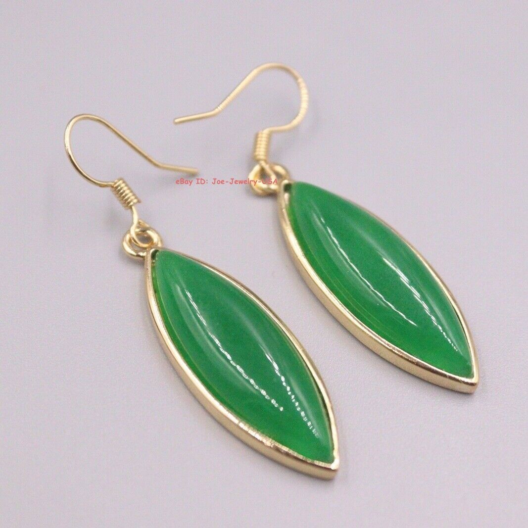 Gold Plated Alloy Heated Marquise Green Jade Dangle Earrings 1.89inch L