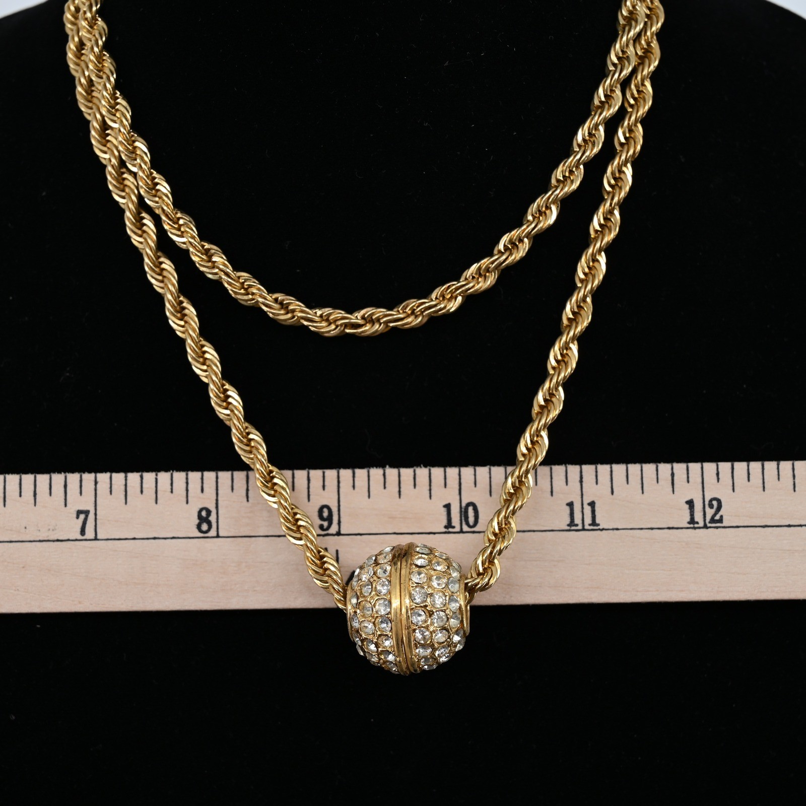 Vintage 18KGP Gold Plated Rope Chain Necklace Crystal Pave Ball Slider Pendant