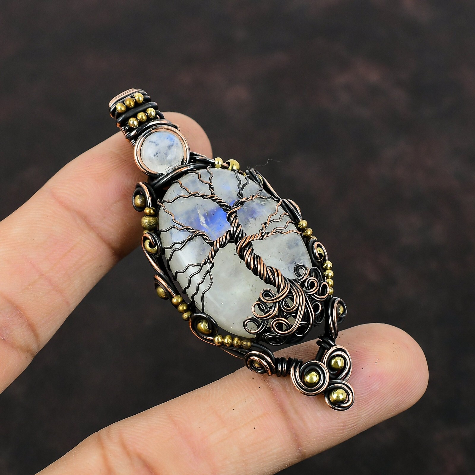 Rainbow Moonstone Copper Mom Gift Wire Wrapped Tree Of Life Pendant 2.76″