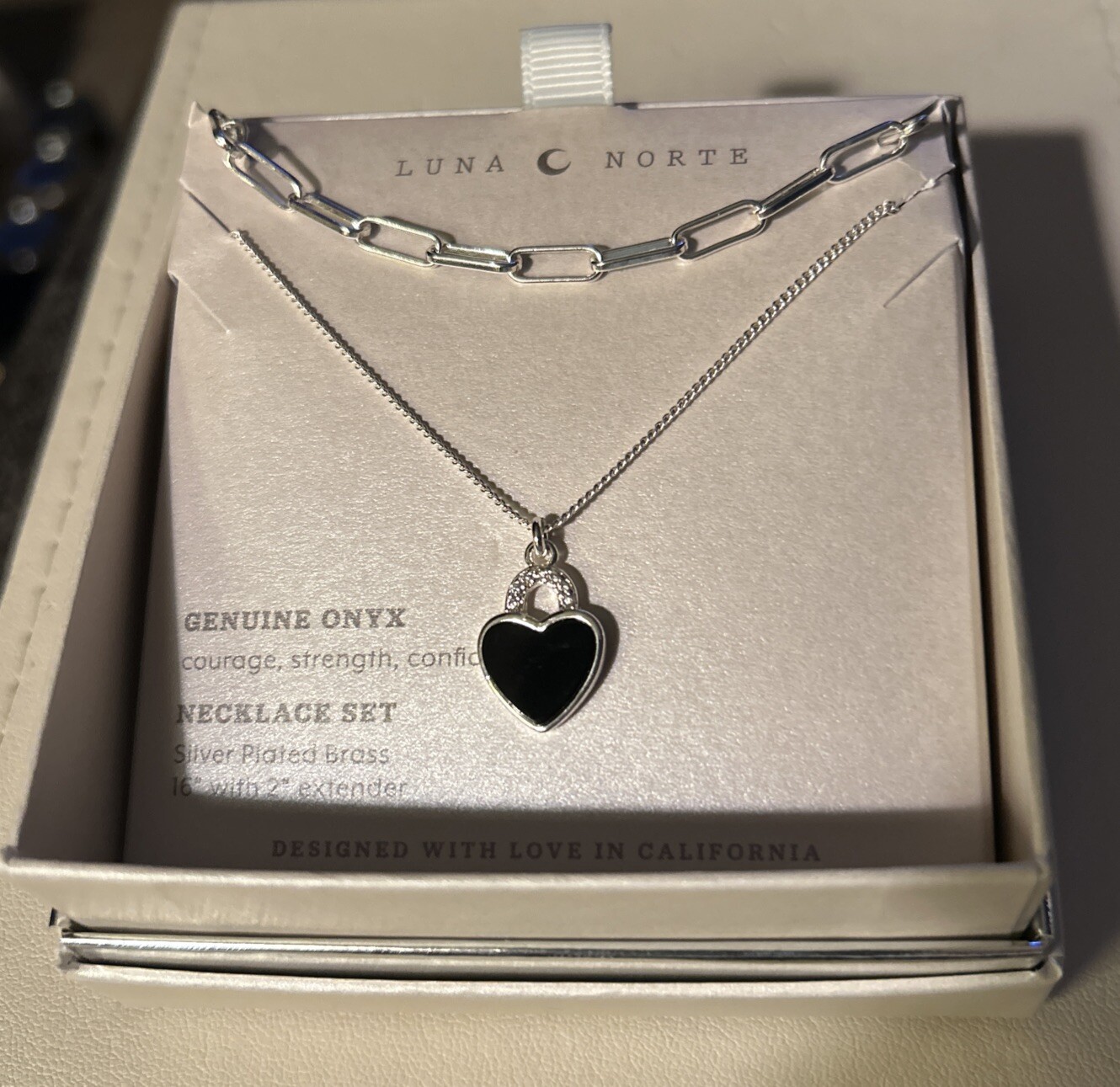 Luna Norte .925 SS Plated Brass Necklace Set~genuine Black Onyx Heart 16+2 New!