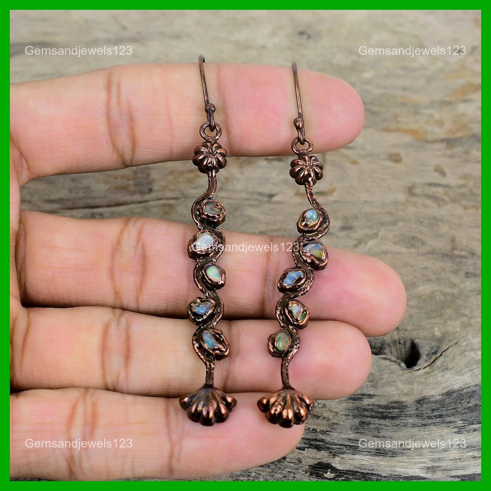 Copper Natural Ethiopian Opal Electroformed Drop Dangle Elegant Earrings Jewelry