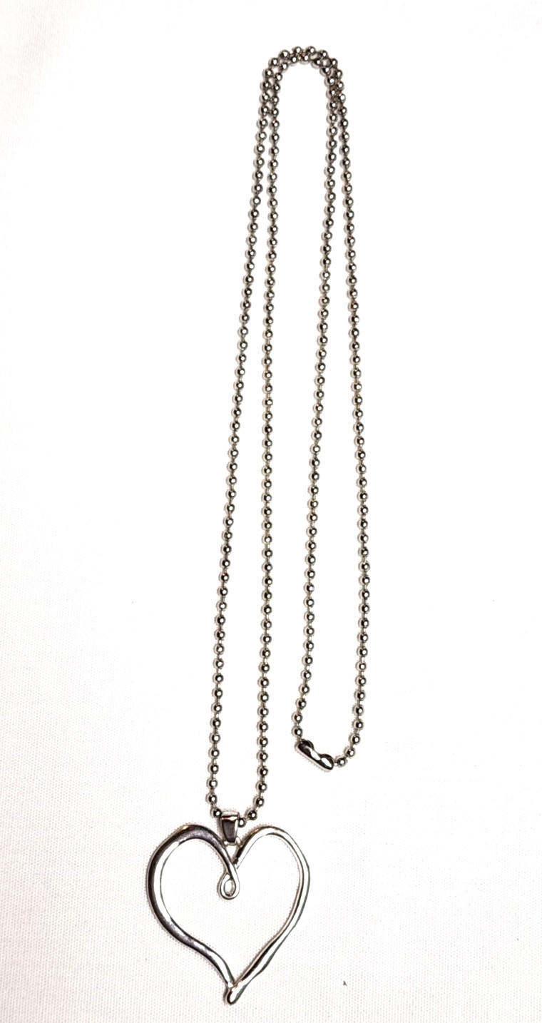 Wavy Abstract Open Heart Pendant Necklace Silver Tone 28″ Ball Bead Love Retro