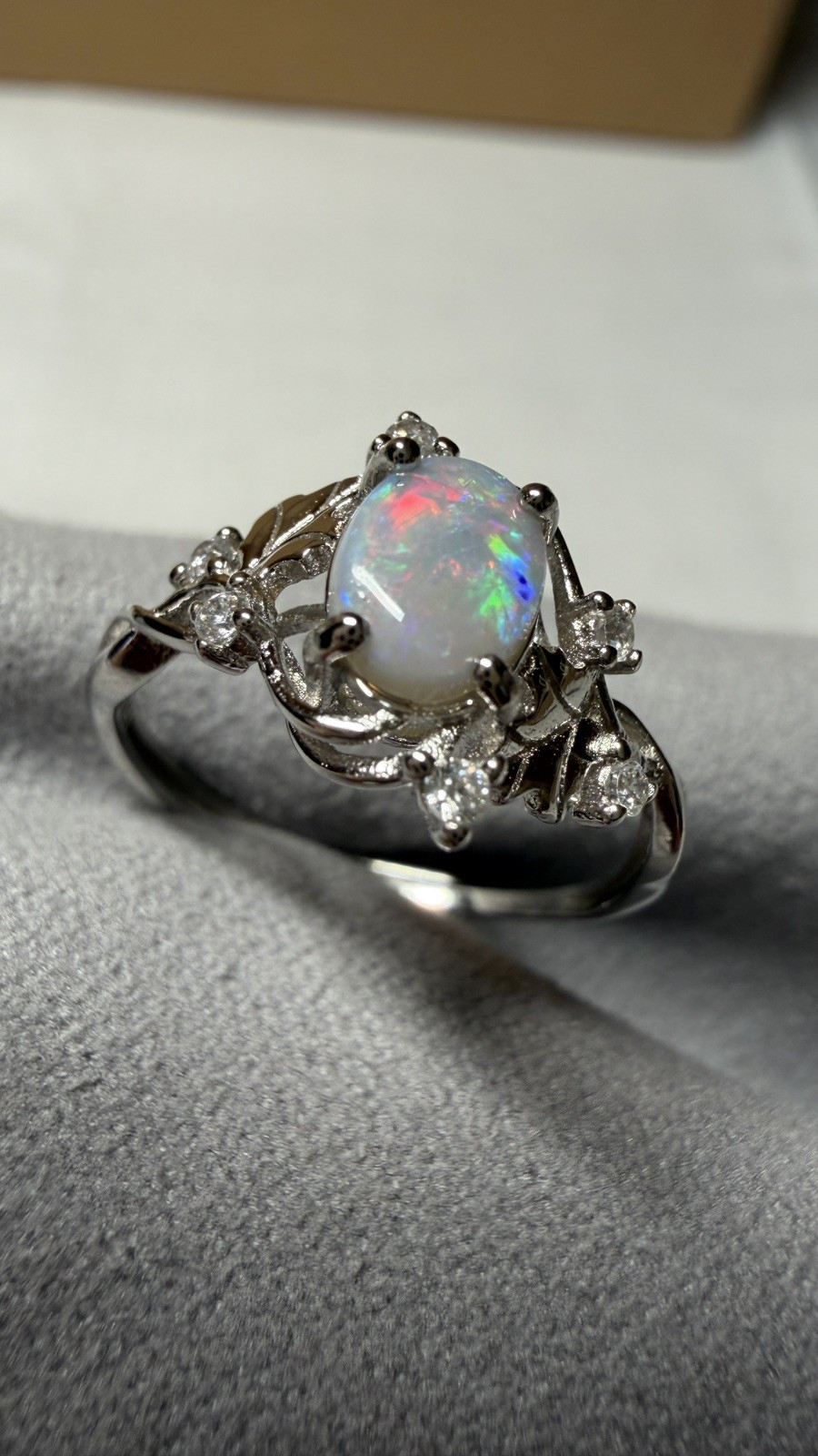 Solid Opal Ring Natural Australian Silver Red Green Fire Fairy Floral Gift #0180