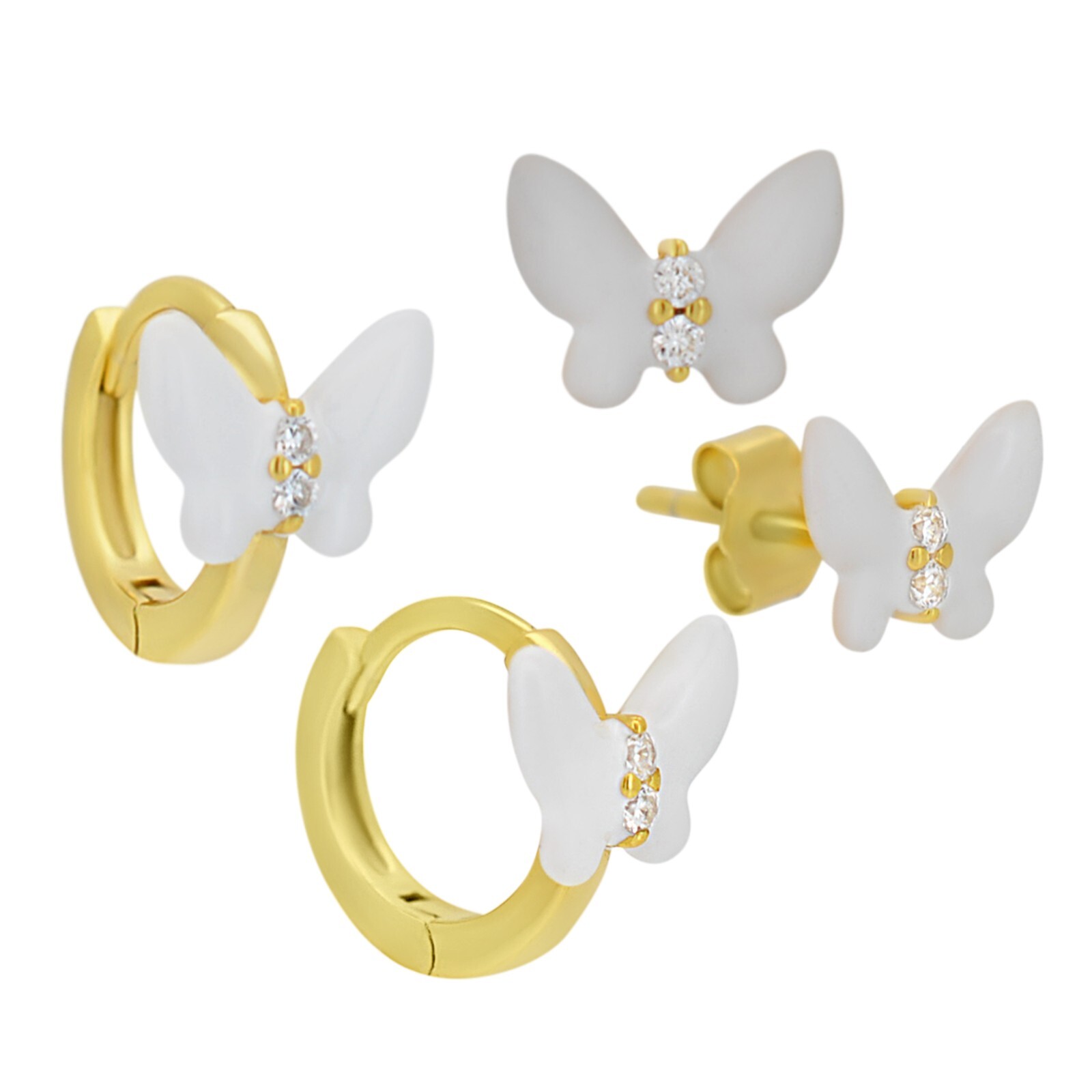 White Butterfly Sterling Silver Gold Color Huggies & Stud Earrings