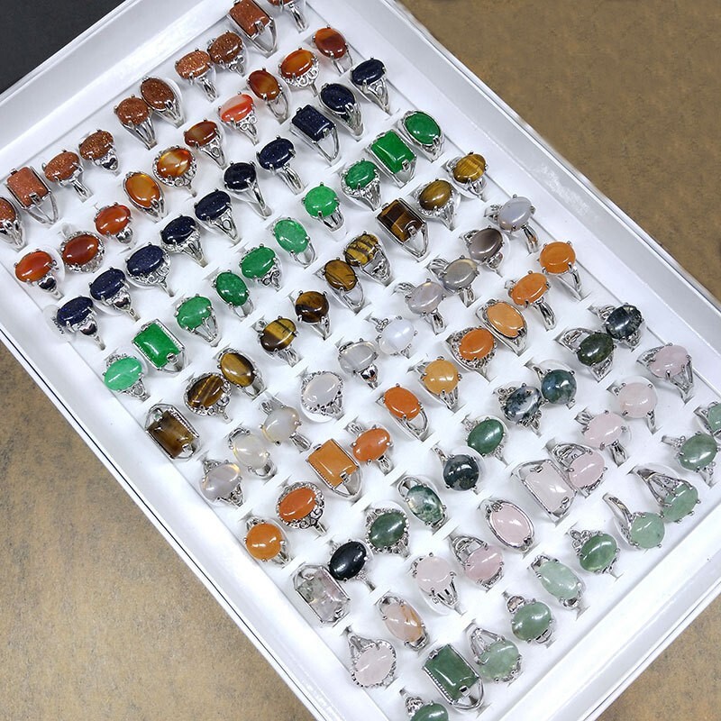 Wholesale 100Pcs Lot Mixed Ring Natural Stone Rings Women Gemstone Jewelry Bulk