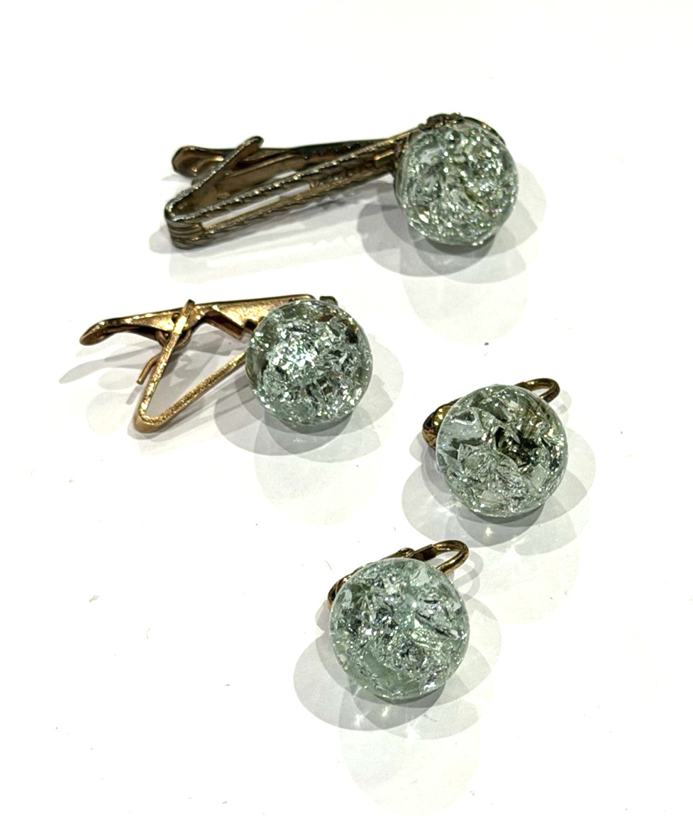 CRACKLE CLEAR GLASS ORB MCM 1960S BAR TIE CLIP MATCHING EARRINGS Vintage SET EU