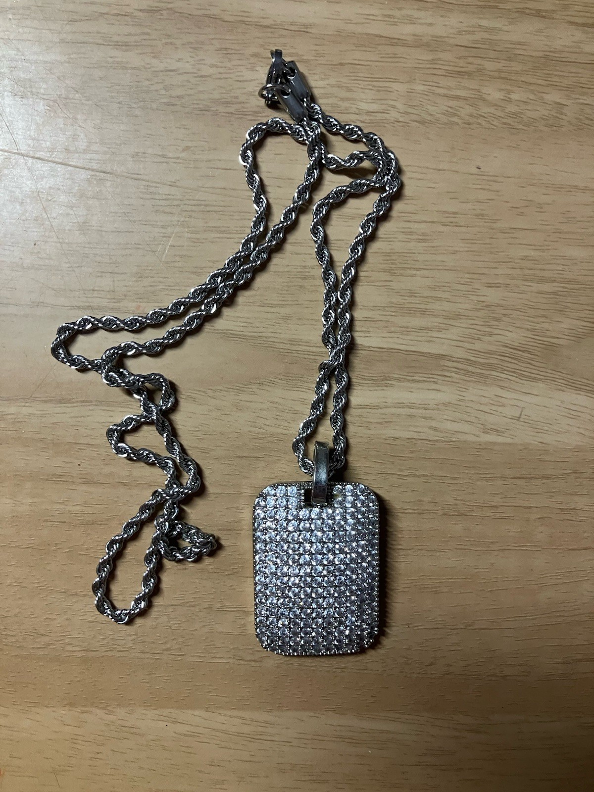 Mens Iced Out CZ Dog Tag Pendant Necklace Silver Tone Hip Hop Rope Chain Bling