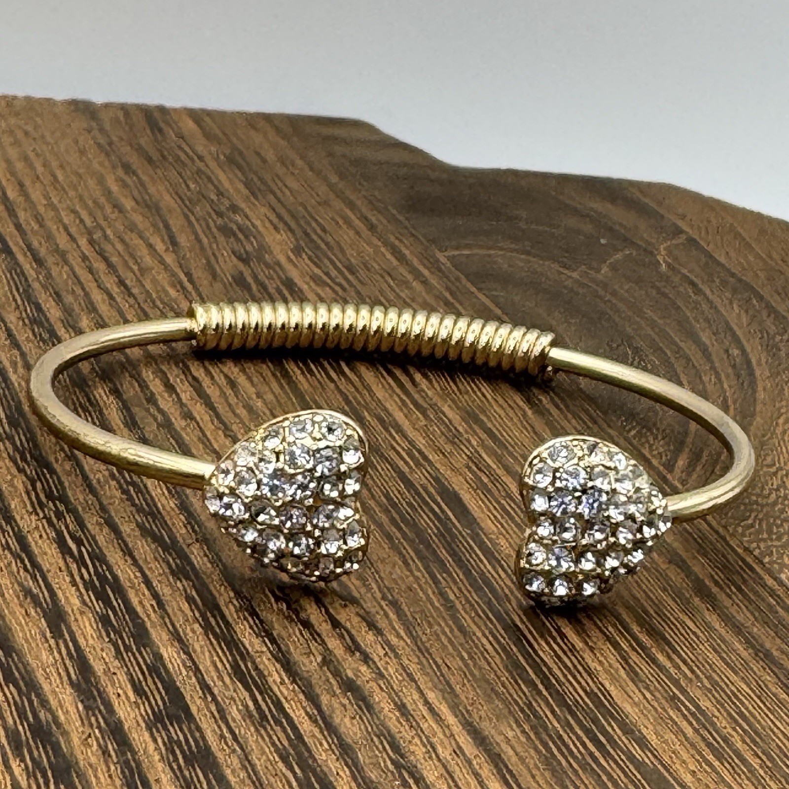 Pave Rhinestone Goldtone Heart Coil Spring Open Bangle Bracelet